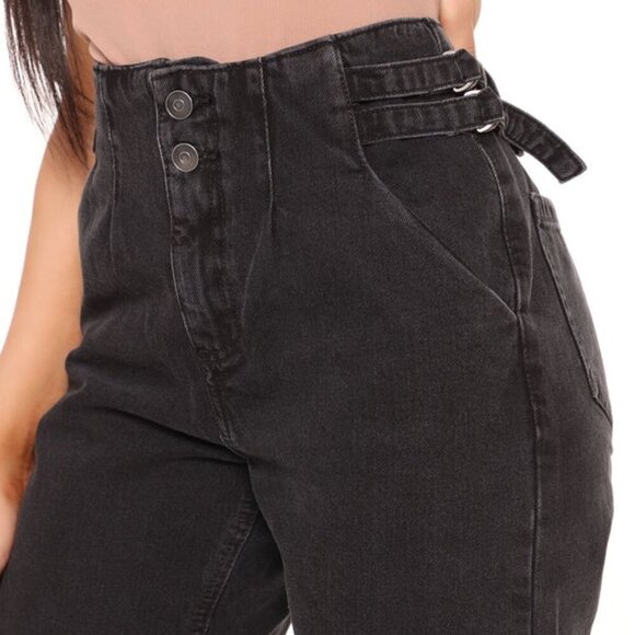 Fashion Nova Jeans Size 7 30X27 Black Bali Balloon Double Side Buckles New - Picture 1 of 16